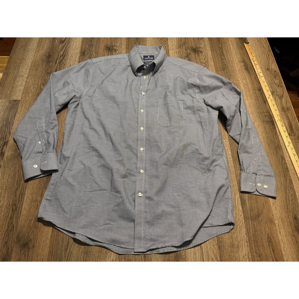 Stafford Shirt Mens 17.5 34-35 Blue Button Down Houndstooth Wrinkle Free Oxford